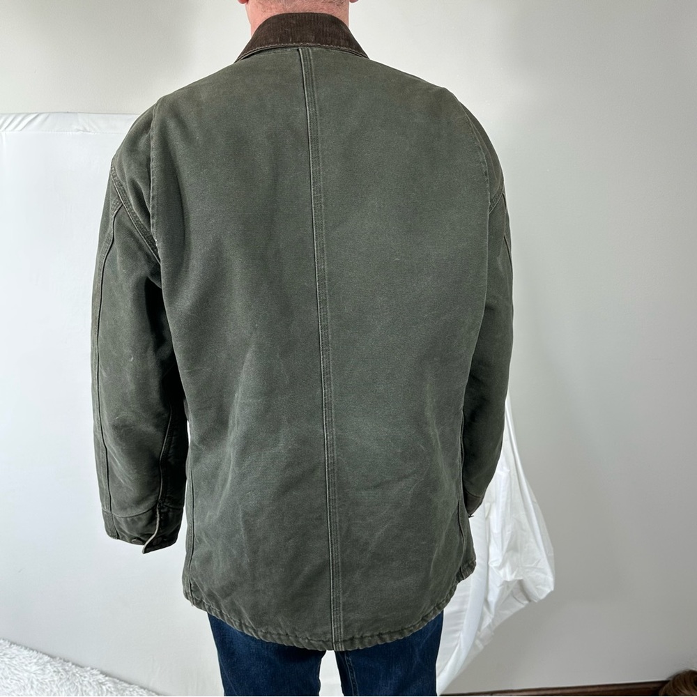 Vintage Carhartt Green Chore Jacket Blanket Lined Workwear Coat Brown Collar XL - Picture 15 of 16